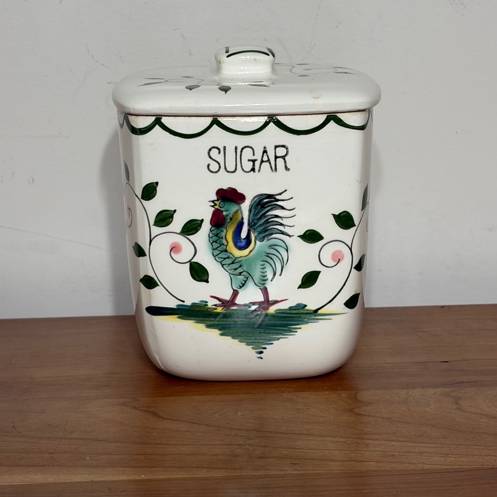 Vintage Ceramic Rooster Sugar Canister Farmhouse Kitchen Jar with Lid White